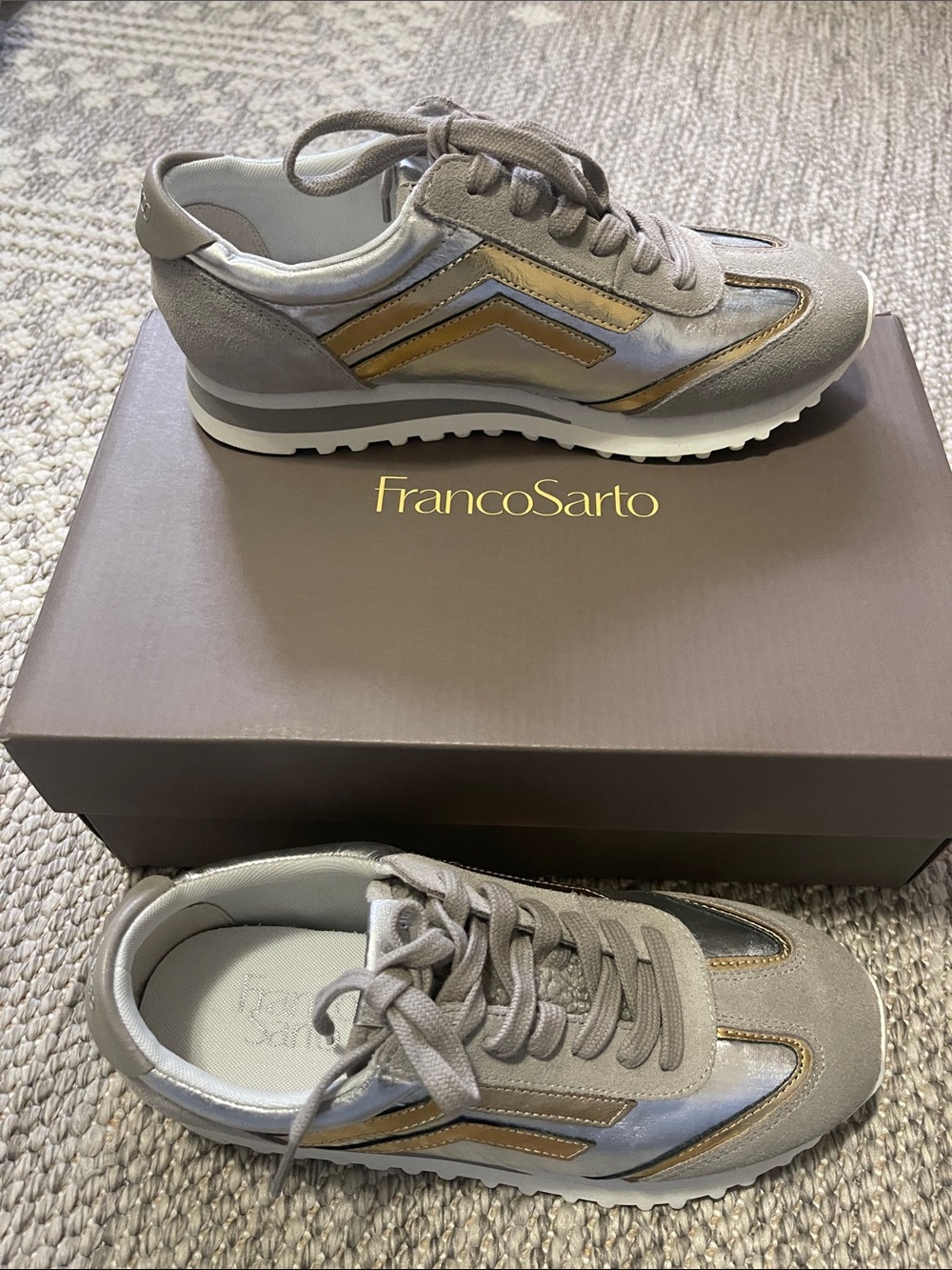 Franco Sarto Matera Lace up Sneakers. Silver Suede $120 retail 5.5 US